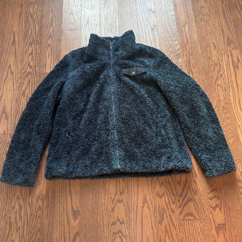 Pendleton Womens XL Sherpa Fleece Jacket Navy Blue Plaid Pocket Full Zip P1558